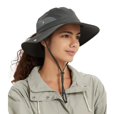 Image of Hat Hut Waterproof Satin Lined Sun for Women UV Protection Ponytail Wide Brim Beach Bucket Hiking Fishing (UK, Alpha, One Size, Dark Grey)