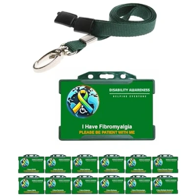 Image of Fibromyalgia Green Hidden Disability Awareness Card representing Disabilities around the world With Holder and Lanyard
