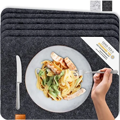 Image of MIQIO® Scandi Style Felt Place Mats &amp; Leather Washable Set of 6 Placemats 44x30 cm Table for Decoration Dark Grey