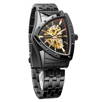 Image of FORSINING Skeleton Watches for Men, Automatic Mechanical Watch with Triangle Dial, Luminous Self Winding Stainless Steel Bracelet or Soft Silicone Strap, Black Y, sport