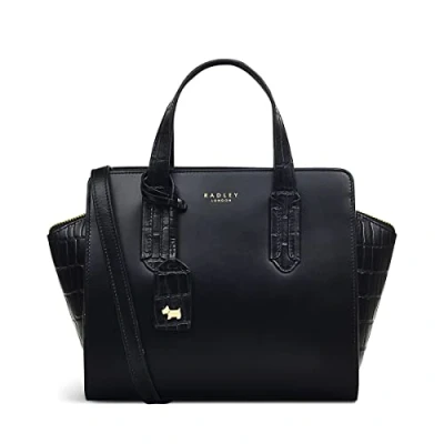 Image of RADLEY London Cheshire Street Medium Zip Around Grab Handbag for Women, Made from Black Leather with Mock Croc textured Trims, Winged Shape Handbags Top Handles &amp; Detachable Cross Body Strap
