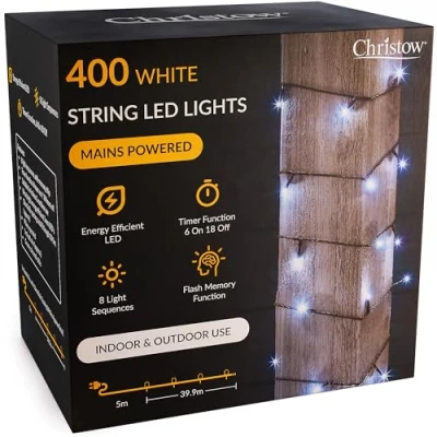 Image of CHRISTOW Christmas Fairy Lights, White LED String Lighting with Timer, Indoor &amp; Outdoor, Tree Mains Operated, 8 Light Modes Flashing Static, Green Cable (400 / 40m Lit Length)