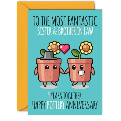Image of Cute Pottery Anniversary Card for Sister &amp; Brother In Law 9 Years Together Happy 9th Wedding Cards Sister, A5 Greeting Ninth Anniversaries