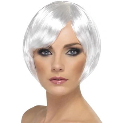Image of Smiffys Babe Wig, White Short Bob with Fringe, Ladies Glamour Wigs Fancy Dress, Adult Dress Up