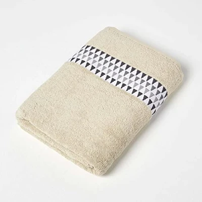 Image of HOMESCAPES Geometric Pattern Beige Bath Towel 100% Cotton Super Absorbent &amp; Soft Large with Retro Design