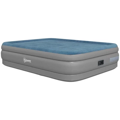Image of Outsunny King Size Air Bed with Built in Pump, Inflatable Mattress Carry Bag, Flocked Surface, Blow Up Airbed for Guest, Camping, Travel, 203 x 152 46cm, Blue and Grey