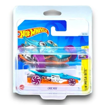 Image of Hot Wheels Croc Rod (Blue, Orange &amp; Magenta) 2/5 HW Mega Bite 2024 39/250 (Short Card) COMES IN A KLAS CAR KEEPER SHORT CARD PROTECTOR CASE HTC02