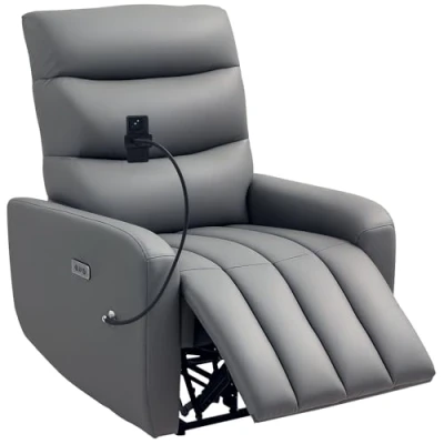 Image of HOMCOM Electric Recliner Armchair with USB + Type C Charge Port, Phone Holder, PU Leather Reclining Chair Adjustable Leg Rest, for Home Living Room Theater, Grey