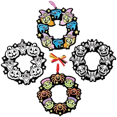 Image of Baker Ross FX209 Halloween Colour in Fuzzy Art Wreaths Pack of 10, Decorations Craft Kits for Kids, Door Decoration