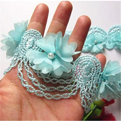 Image of 1 Yard Flower Pearl Lace Edge Trim Ribbon 6 cm Width Vintage Style Blue Green Edging Trimmings Fabric Embroidered Applique Sewing Craft Wedding Bridal Dress Embellishment DIY Decor Clothes Embroidery