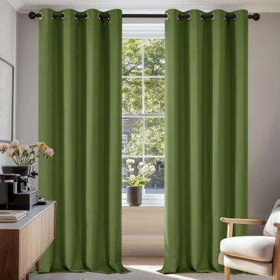 Image of Deconovo Super Soft Ring Top Thermal Insulated Blackout Curtains for Bedroom Eyelet 55x79 Inch Two Panels Green
