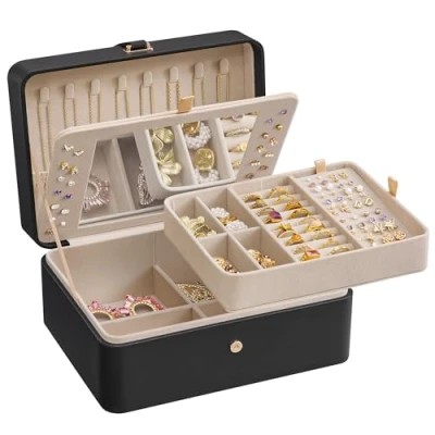 Image of SONGMICS Jewellery Box with Mirror, 2 Layer Storage Organiser, Travel Case, Removable Tray, 17.6 x 22 11 cm, Earring Necklace Storage, Gift Idea, Ink Black JBC200B01