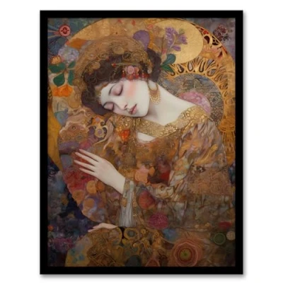 Image of Artery8 Asleep Gustav Klimt Inspired Portrait Of A Woman Bedroom Artwork Framed Wall Art Print A4