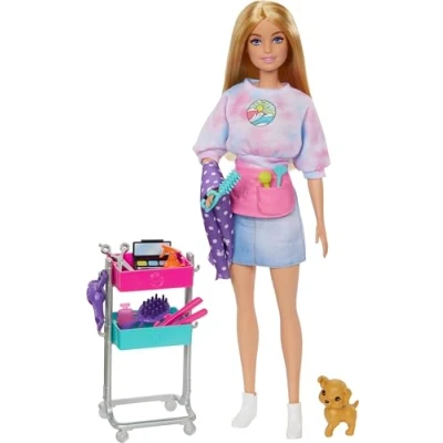 Image of Barbie “Malibu Stylist Doll &amp; 14 Accessories Playset, Hair Makeup Theme with Puppy Styling Cart, HNK95
