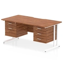 Image of Impulse 1600 x 800mm Edge Office Desk Walnut Top White Cantilever Leg Workstation 1 2 Drawer 3 Fixed Pedestal