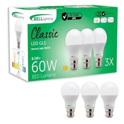 Image of Bell Lighting B22 Bayonet Dimmable Light Bulb LED GLS 3 Pack Cool White 4000K 810 Lumen 8.1W Energy Saving 60W Halogen Equivalent