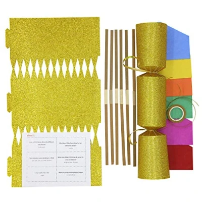 Image of evelay Make Your Own Christmas Cracker Kit Gold Glitter Crackers Hats Snaps Jokes Party Favours 18 Pieces (Gold Glitter)