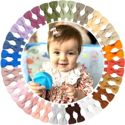 Image of ALinmo 40 Pcs Small Size 2 Inch Baby Hair Clips Bows Craft Ribbon with Full Covered Bow for Fine