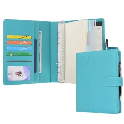 Image of Wason A5 Diary Leather PU Lined Notebook Refillable Paper Journal, Removable Ring Binder Portfolio with Clipboard Writing Notepad and Pen for Travel Business School Agenda Organizer (Cyan)