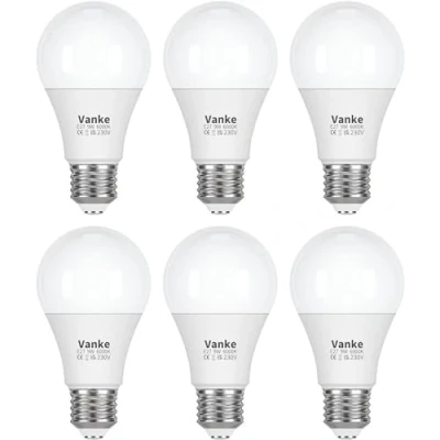 Image of Vanke E27 Screw LED Bulb, 60 Watts Equivalent, Cool White 6000K, 9W ES Bulbs, Large in Light Non Dimmable, 806 Lumen, Pack of 6