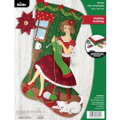 Image of Bucilla, Holiday Knitting, Felt Applique 18&quot; Stocking Making Kit, Perfect for DIY Arts and Crafts, 89725E