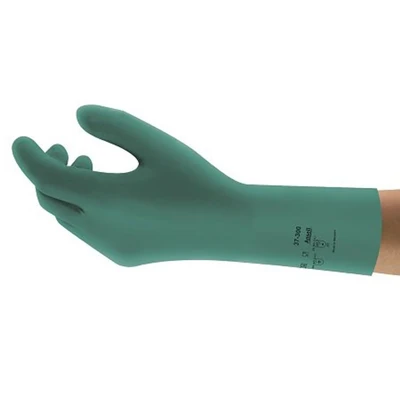 Image of Ansell AlphaTec 37 300 Multipurpose Nitrile Gloves with Long Cuff, Chemical Protection and Food Safety, Reusable Kitchen Gloves, Household Cleaning Dishwashing, Green, Size M (12 Pairs)