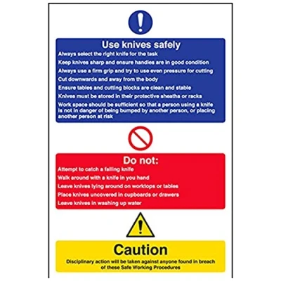 Image of V Safety Use Knives Safely Notice Sign 200mm x 300mm 1mm Rigid Plastic