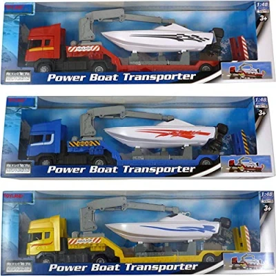 Image of Toyland® Scania Flatbed Hauler Transporter Truck With Power Boat 1:48 Scale Diecast Free Wheel (Random Truck)