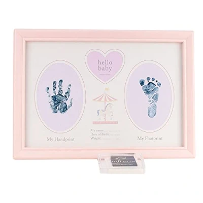 Image of Baby Hand / Footprint Photo Frame Keepsake with Ink Pad Pink Carousel