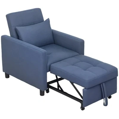 Image of HOMCOM 3 In 1 Single Chair Bed, Tufted Pull Out Convertible Sleeper Couch with Adjustable Backrest for Living Room and Bedroom, Blue