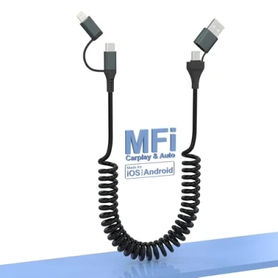 Image of USB C and Lightning Cable 4 in 1 Combo for Apple Carplay &amp; Android Auto,[MFi Certified] Coiled iPhone Charger Cord PD 60W Fast Charging Data Sync Compatible with 16/15/14/13/12/Android