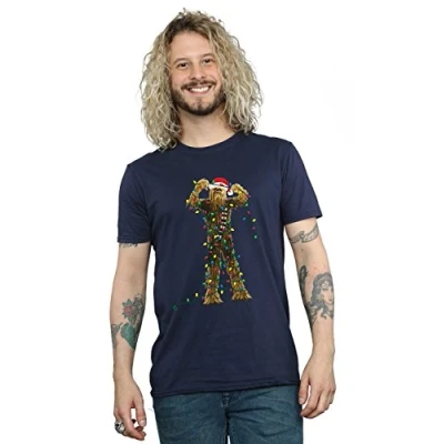 Image of Star Wars Men&#039;s Chewbacca Christmas Lights T Shirt Large Navy Blue
