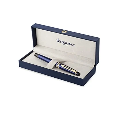 Image of Waterman Expert Luxury Fountain Pen Dark Blue with 23K Gold Trim 18K Solid Medium Nib Gift Boxed