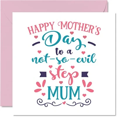 Image of Step Mum Mothers Day Card Not So Evil Funny Novelty Happy Birthday Mother&#039;s from Son Daughter, 145mm x Greeting Cards for Mom Mummy Mama Mam Mammy Mommy