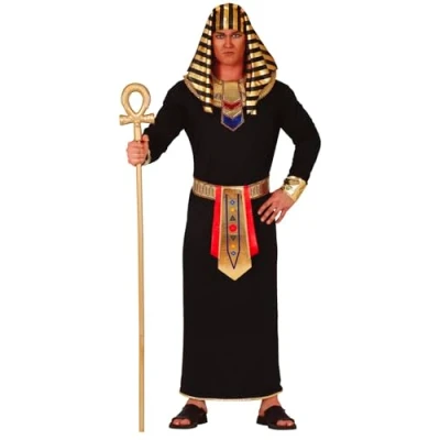 Image of FIESTAS GUIRCA Egyptian Adult Fancy Dress for Men (38 40/M) Dress, Belt, Collar and Headpiece Ideal Themed Parties Halloween Pharaoh Ancient Egypt Costumes Black Gold