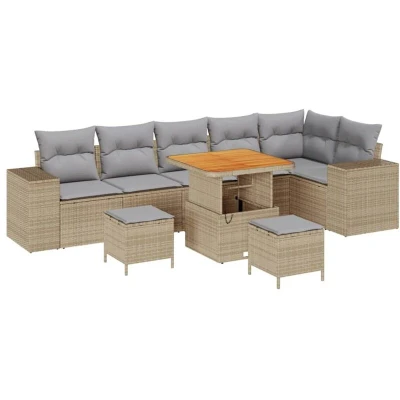 Image of vidaXL 9 Piece Garden Sofa Set with Cushions Beige Poly Rattan Acacia