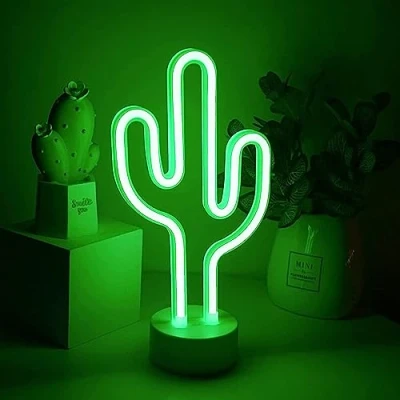 Image of Cactus Neon Signs with Holder Base, Bedroom Night Light, Battery/USB Powered, Table Desk Lamp for Christmas Birthday Party Kids Gifts