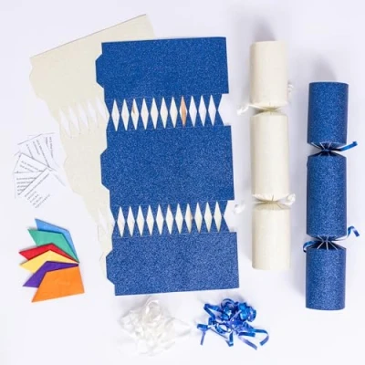 Image of evelay 12 Make Your Own Christmas Cracker Kit DIY Navy &amp; Cream Glitter Crackers Hats Snaps Jokes (Navy, Cream)