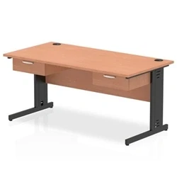 Image of Impulse 1600x800 Desk Beech/Black Cable Managed 2x1 Drawer Fixed Peds
