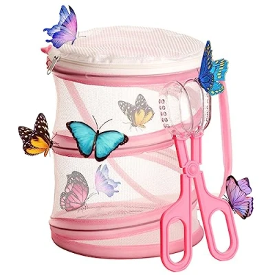 Image of TAIZER Butterfly Habitat Insect Cage,Bug Catcher Net Cage Reproduction Mesh Collapsible Bug Mini (Pink)