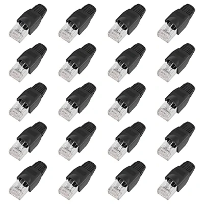 Image of ShipeeKin 20x Shielded Modular Plugs RJ45 Network Ethernet Cat5e Cat5 Cat 5e CAT6 Cat6e 8P8C UTP STP 50U Gold Plated LAN Cable Plug Crimp Ends Connectors with Black Protective Boots Covers