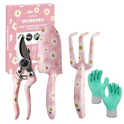 Image of WORKPRO 4 Piece Garden Tools Set, Stainless Steel Hand with Ergonomic Handle, Including Pruner, Trowel, Fork, and Gardening Gloves Pink