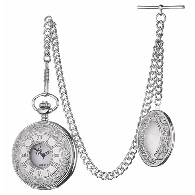 Image of Holy Sins Jewellery Silver Colour Quartz Pocket Watch with Albert Chain