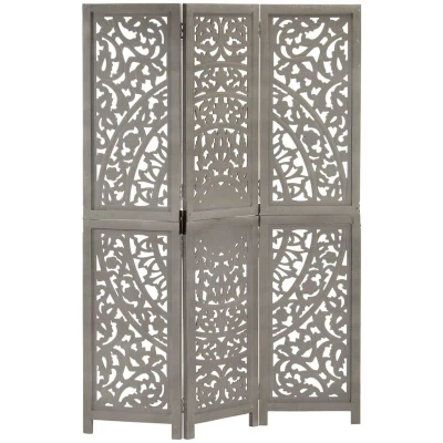 Image of &#039;vidaXL 3 Panel Room Divider in Grey Hand Carved, Solid Mango Wood and MDF, Space Saving Folding Screen for Living Room, Bedroom, Dining