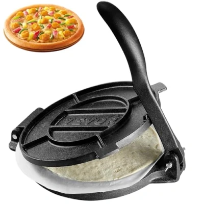 Image of VEVOR Tortilla Press, 10 Inch and Roti Maker, Cast Iron Heavy Duty Tortilladora Pre Seasoned Pataconera Maker with 100 Pcs Parchment Paper, Dough for Flour Tortilla, Tawa, Silver