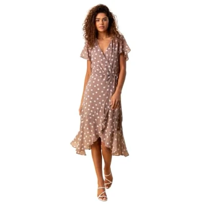 Image of Roman Originals Frill Dress for Women UK Ladies Summer Wrap Chiffon Hem Layered Belted Midi Maxi Tiered Cape Special Occasion Fit &amp; Flare Wedding Guest Swing Skater Taupe Size 8