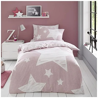 Image of GC GAVENO CAVAILIA Luxury Kids Fitted Sheet Super Star Cover OR Easy Care Children Curtains, Polycotton, Blush Pink, Single Duvet Set