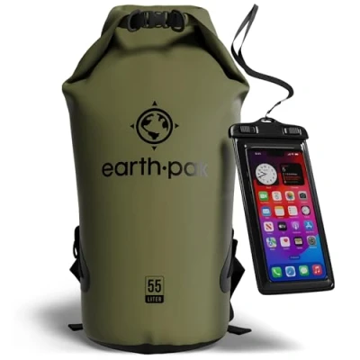 Image of Earth Pak Waterproof Dry Bag Roll Top Sack Keeps Gear for Boating, Hiking, Camping and Fishing with Phone Case (Green, 55L)