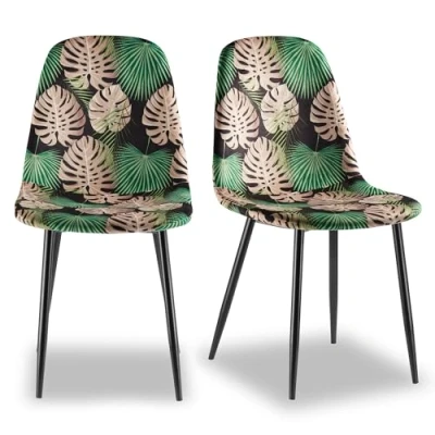 Image of VonHaus Dining Chairs Set of 2 Tropical Palm Leaf Print Kitchen with Black Metal Legs Upholstered Cord Effect Pair for &amp; Dinner Table Leighton