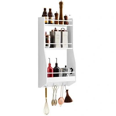 Image of SoBuy Kitchen Wall Shelf Spice Rack Mounted with 3 Shelves and Hooks White W38 x D17 H75cm KCR12 W